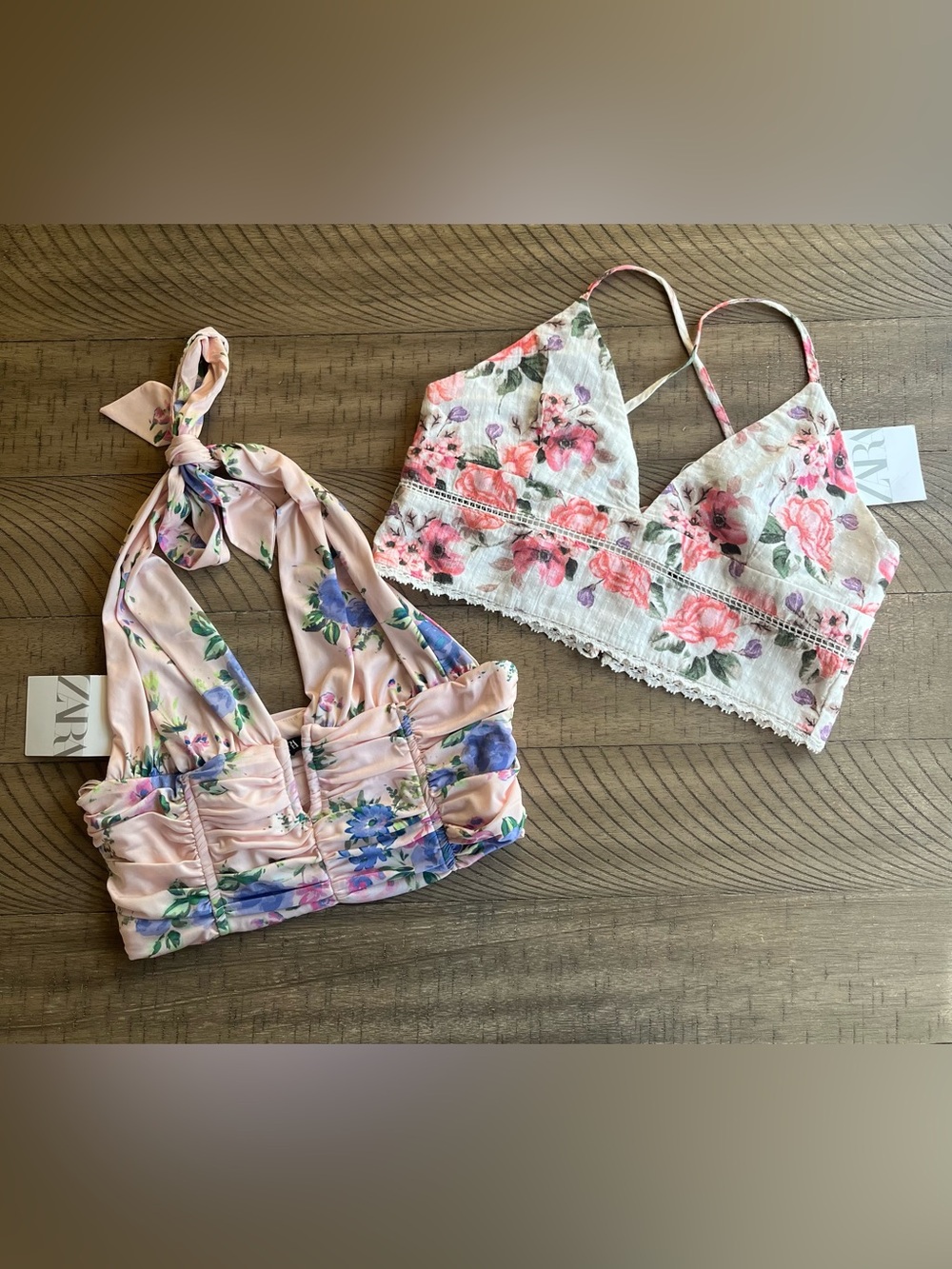 NWT Zara Lot of 2 Floral Print Crop Tops Women's Size Small Boho Cottagecore